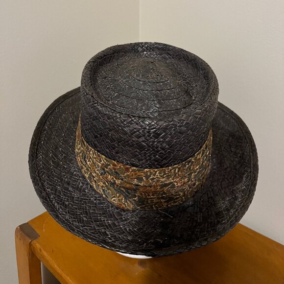 VINTAGE WORMSER MACORA STRAW HAT, 7 1/4 Brown, Rolled Brim, Floral Band New York - Picture 6 of 13